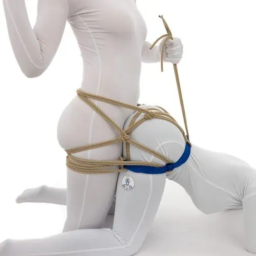 Mounting Harness - One woman is bent over in a doggy style position and is held in that position with rope using the Doggy Style Harness. A second woman is standing immediately behind the first in a position where they could be having penetrative sex. The second woman has tied herself to the first one so that they can move without coming apart.