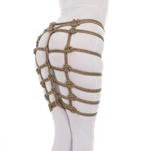 Fisherman's Hobbleskirt - A person wearing a tight white outfit with rope around their butt and down to their knees forming a net shape