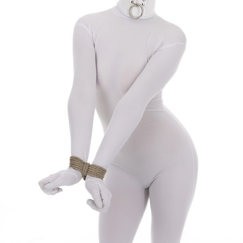 An athletic woman dressed all in white is standing in front of a white background. She wears a tall white leather collar and has a saucy posture. Her wrists are tied in front of her, and she is showing off the rope tie to the viewer.